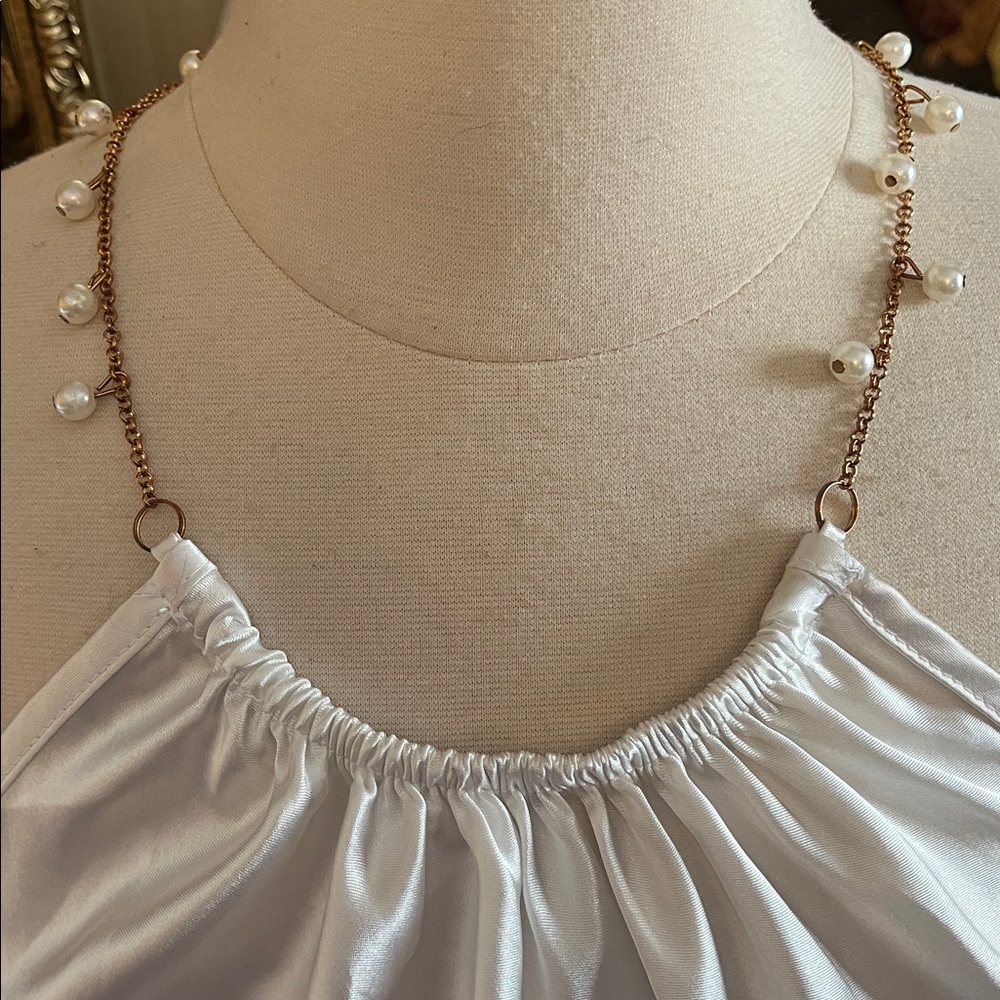 Nicole Miller white satin halter top, gold pearl-beaded necklace-style strap M - Picture 7 of 10